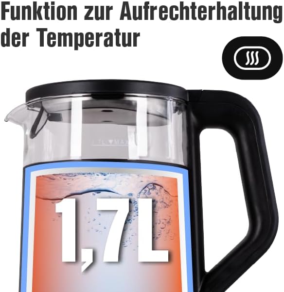 Wasserkocher 1,7L mit Temperaturregelung &amp; Warmhaltefunktion, 2200W, LED Display, 13 Temperaturstufe
