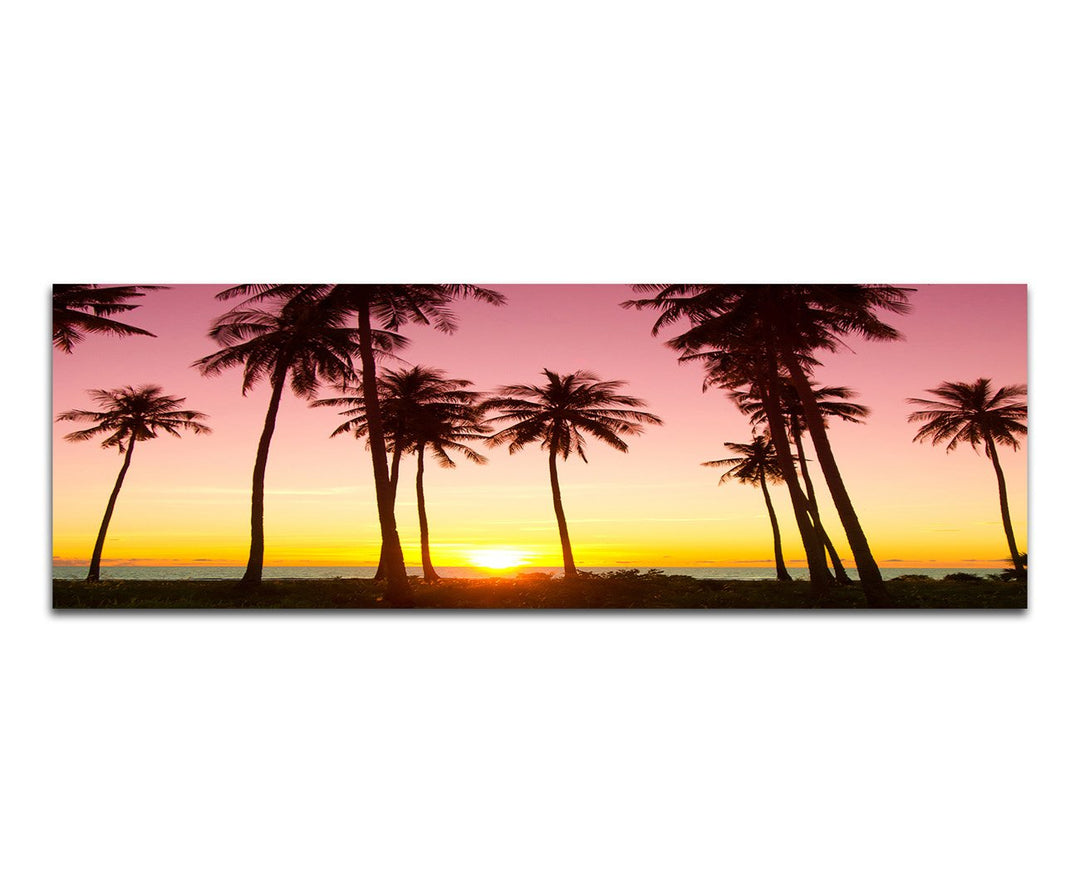 Panoramabild auf Leinwand und Keilrahmen 120x40cm Meer Strand Palmen Sonnenuntergang