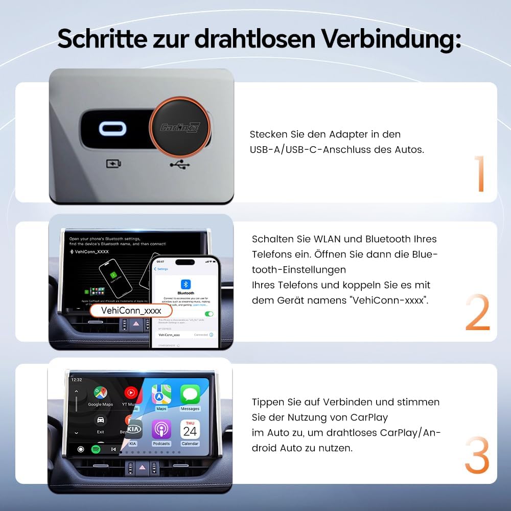 Carlinkit Mini Ultra 3 Wireless CarPlay Adapter, Wireless Android Auto Adapter, Wandelt OEM kabelgeb