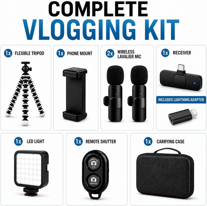 Acuvar Flexibles Stativ-Vlogging-Kit für iPhone, Android und GoPro mit LED-Licht, Handyhalterung, Mi