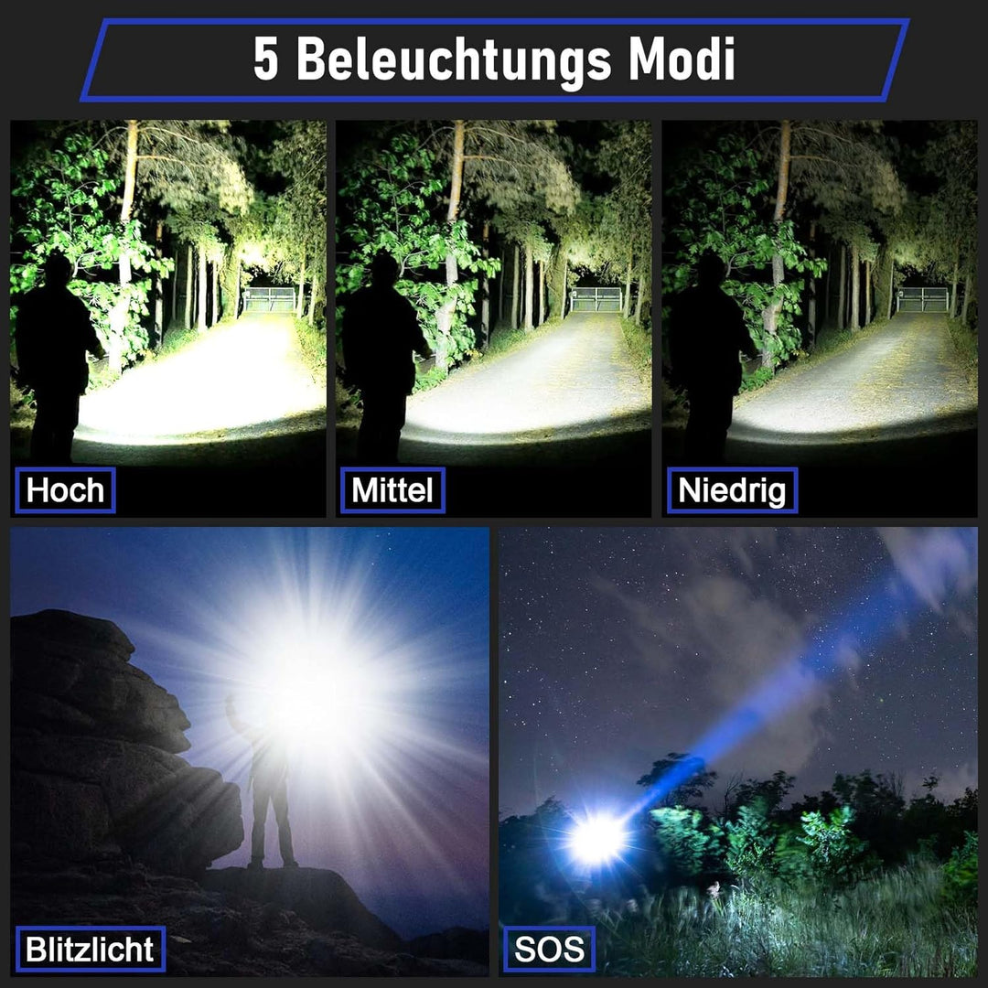 Jayxinli Taschenlampe 500000 Lumen, Aufladbar, Extrem Hell, Starke, Zoombar, 5 Lichtmodi für Camping