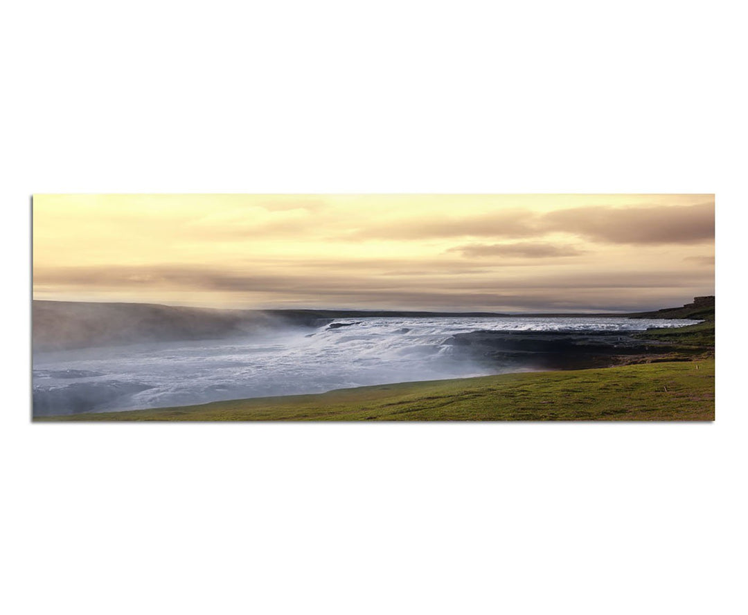 Paul Sinus Art Panoramabild auf Leinwand und Keilrahmen 150x50cm Island Wasserfall Felsen Landschaft