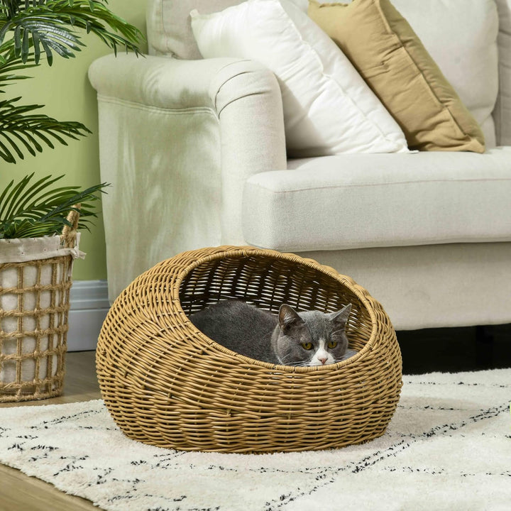 PawHut Rattan Katzenkorb Katzenhaus Katzenhütte mit Kissen für Katzen bis 4 kg, Haustierbett Katzenh