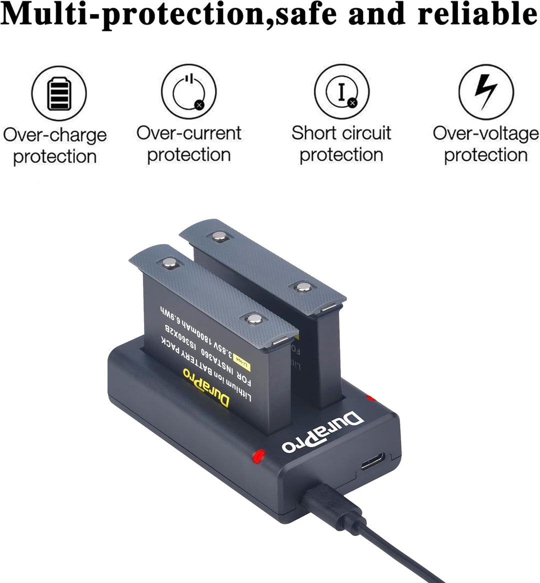 DuraPro 2X 1800mAh Akku + Dual USB Ladegerät mit Typ C-Port für Insta360 ONE X2 Kamera