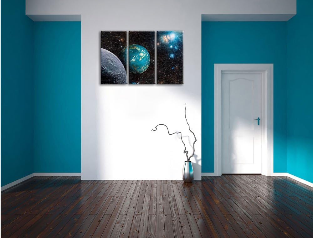 Pixxprint Planet Erde im Kosmos / 3-Teilig/Gesamtmass 120cm Leinwandbild bespannt auf Holzrahmen/Wan