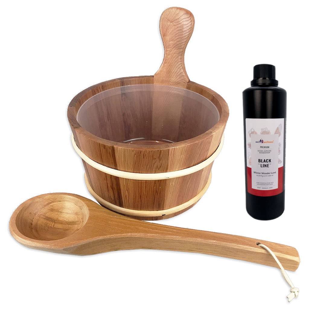 SudoreWell® Sauna Set mit Saunakübel + Saunakelle aus dunklem Red Cedar Holz plus well2wellness Saun
