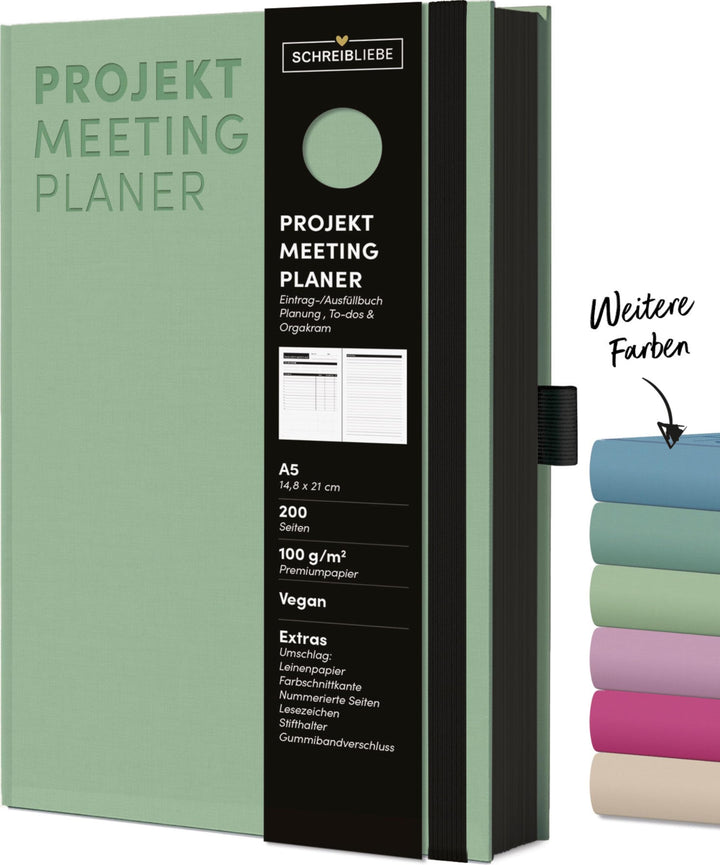 Projekt-Meeting-Planer Mint: Notizbuch A5, Ausfüllbuch mit Farbschnittkante, Lesebändchen, Stiftehal
