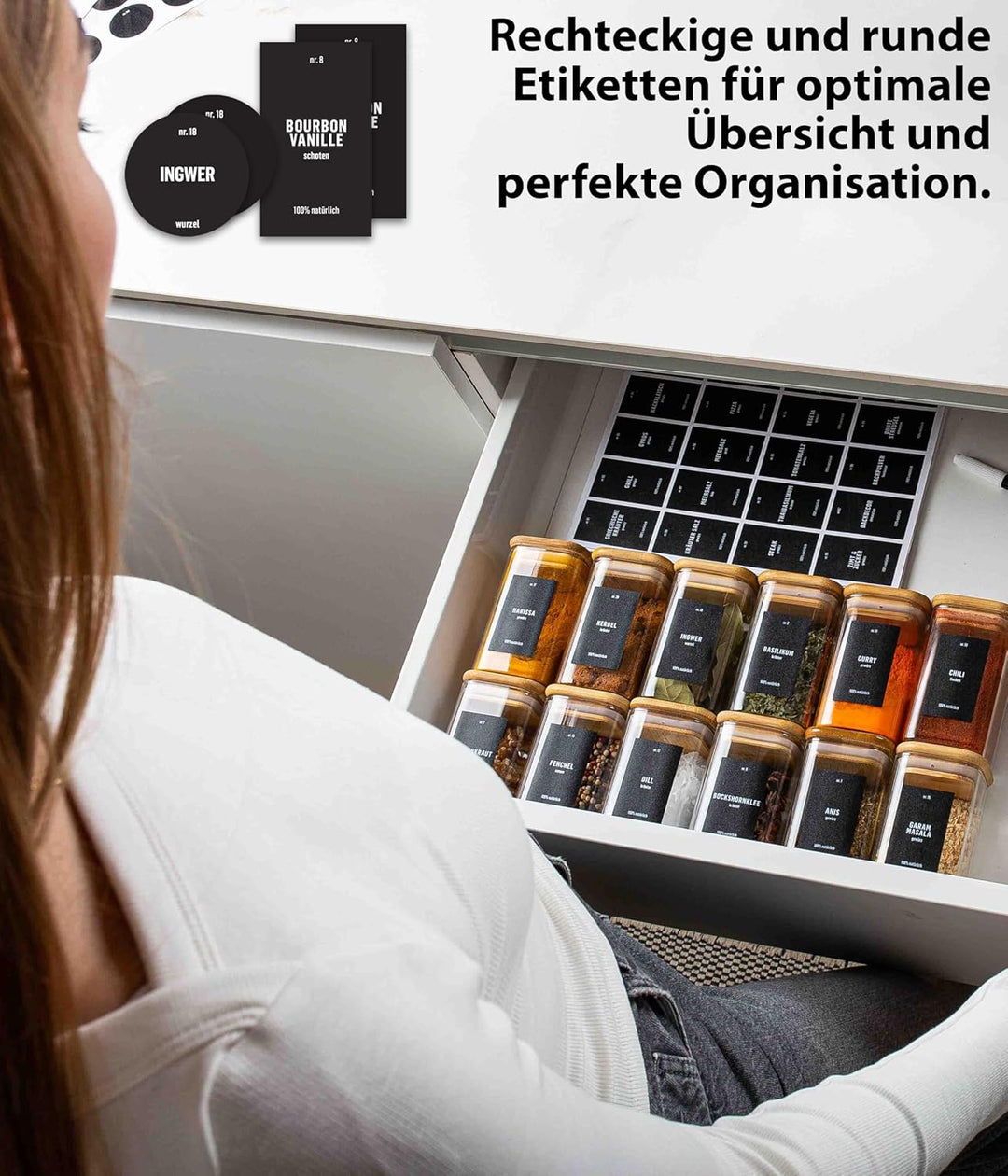 Deco haus® Gewürzgläser Eckig mit Holzdeckel 12er Set [+Gewürzetiketten] - Gewürzbehälter Glas 280ml