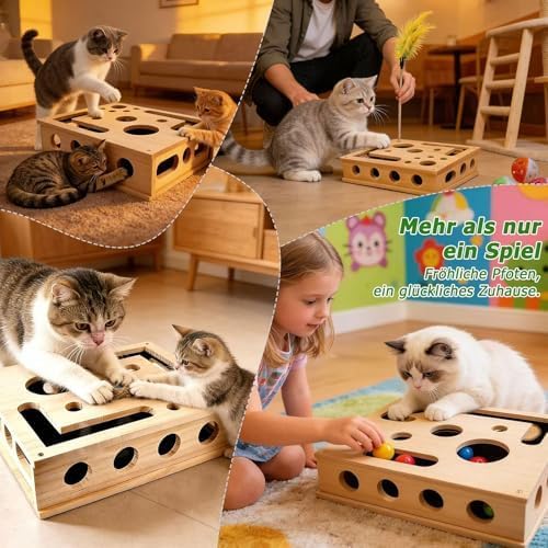 Holz Katzenspielzeug mit Federstab &amp; Glockenbällen, 30 * 25CM Interaktives Kratzpuzzle Spielbox, Kat
