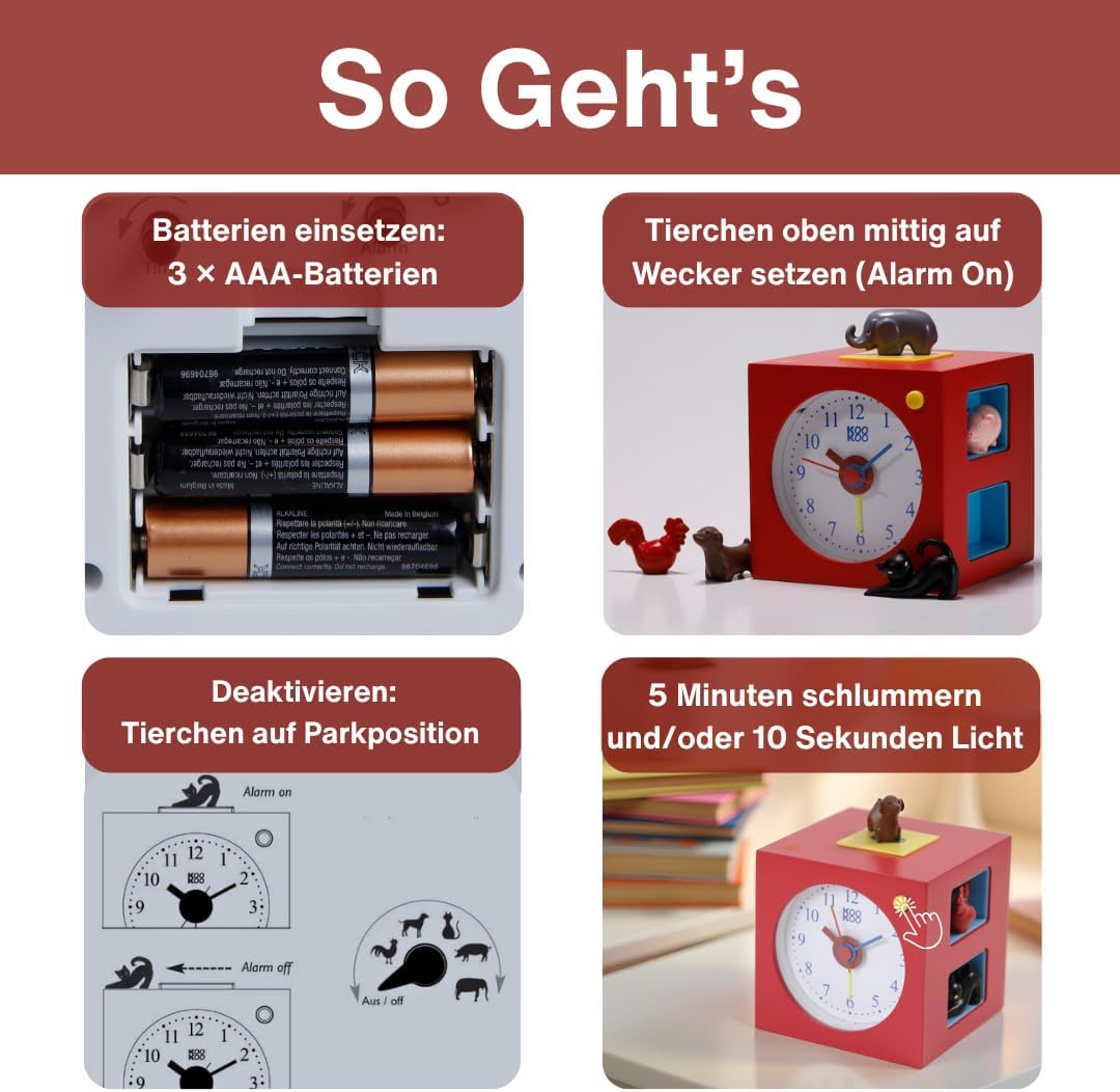 KOOKOO KidsAlarm Rot, Kinderwecker mit 5 Bauernhoftieren und echten Aufnahmen, Rot