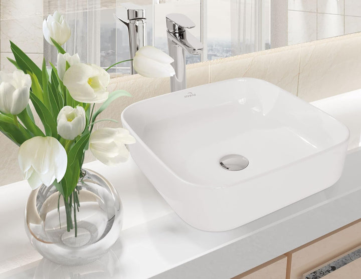 VBChome Waschbecken 39 x 39 cm Keramik Weiss Oval Pop-up ventil Click-Clack Waschtisch Handwaschbeck
