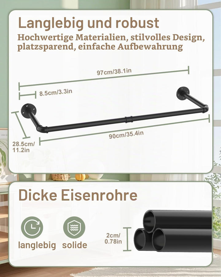 2er Set Kleiderstange Industrial, 97 cm Kleiderständer Wandmontage, Platzsparenders Wandregal Küchen