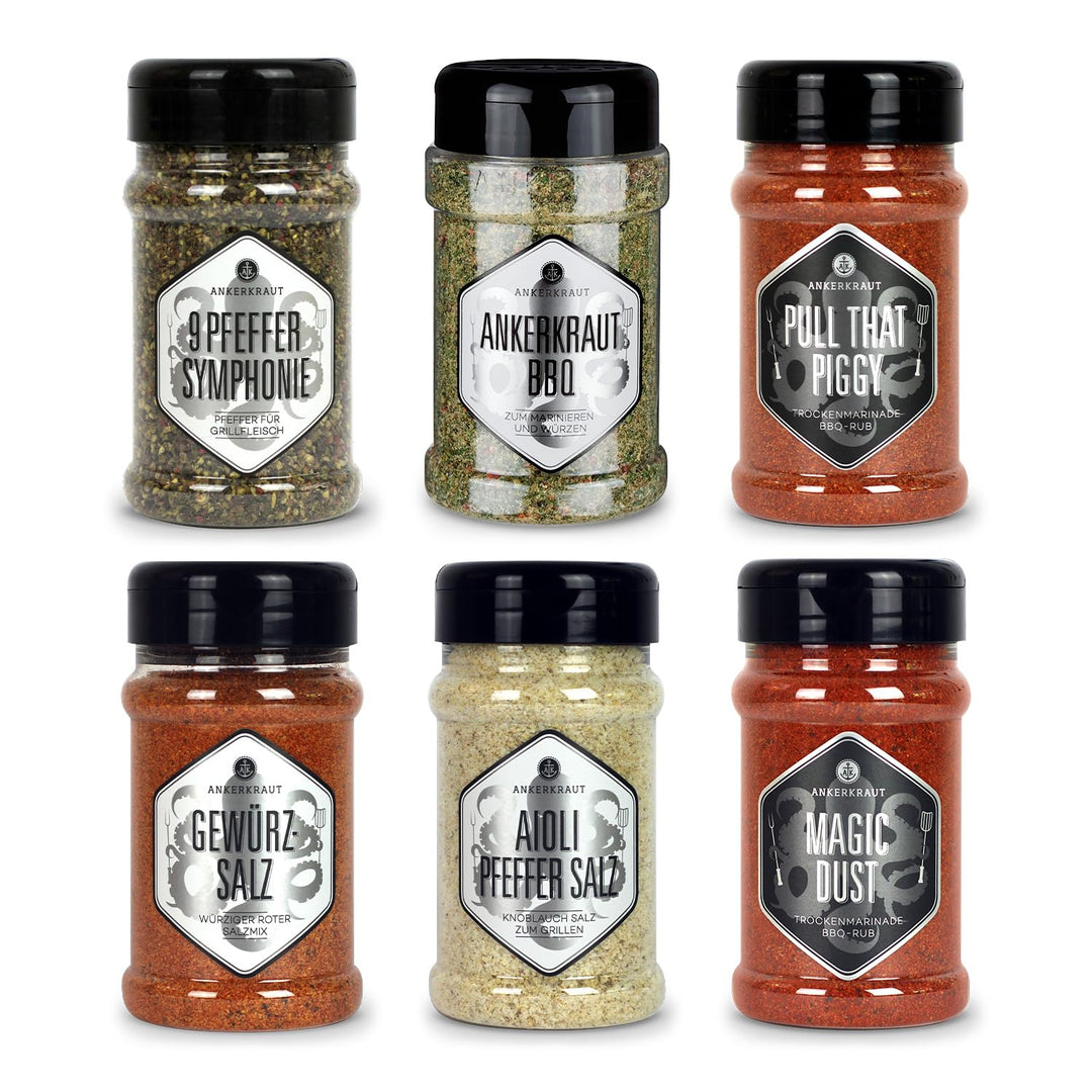 Ankerkraut Grill Set mit 6 Streuern, mit Premium-Gewürzmischungen und BBQ-Rubs, Geschenk-Set mit Sal
