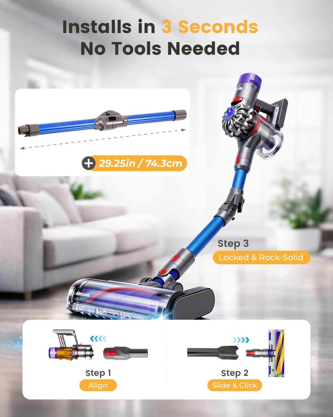 360° Drehung Verlängerungsrohr Kompatibel mit Dyson V7,V8,V10.V11 Staubsauger Ersatzteile,74.3cm Fal