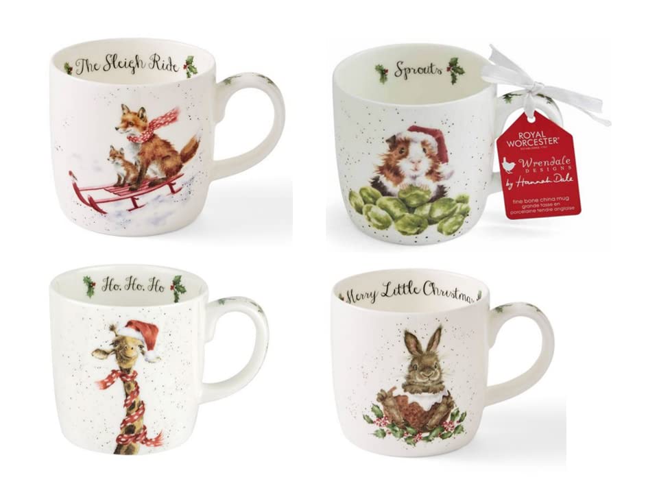 Royal Worcester Wrendale entwirft Weihnachten 0,3 Liter Becher Set mit 4 Tassen Fuchs Meerschweinche