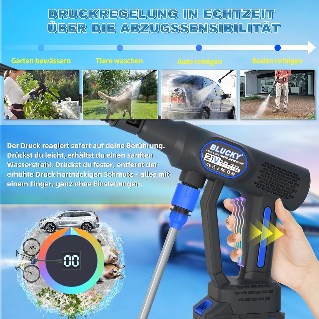 Blucky Akku Hochdruckreiniger Pressure Washer mit 2 Akkus - Direkt an Wasserhahn anschliessbar - Mob