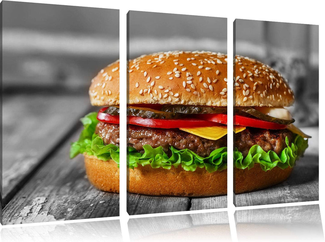 Pixxprint appetitlicher Cheeseburger als Leinwandbild | Grösse: 3 Teilig (120x80) | Wandbild| Kunstd