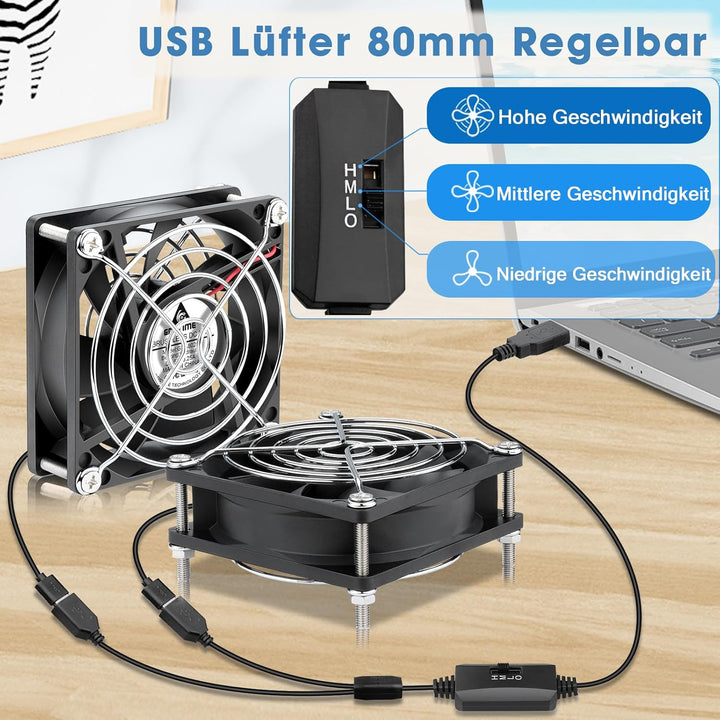 GDSTIME 80mm USB Lüfter 80 x 25mm Gehäuselüfter USB 80mm PC Ventilator 2500 U/min Bürstenloser Lüfte