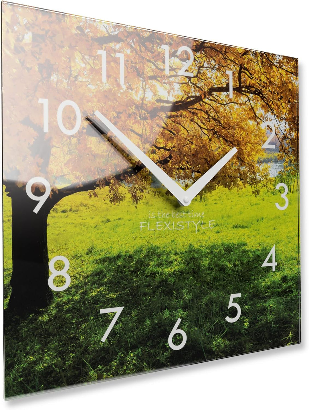 FLEXISTYLE Wanduhr küche Wohnzimmer 30 x 30 cm, aus Glas, mit Direktdruck eckig modern (HERBSTBAUM),