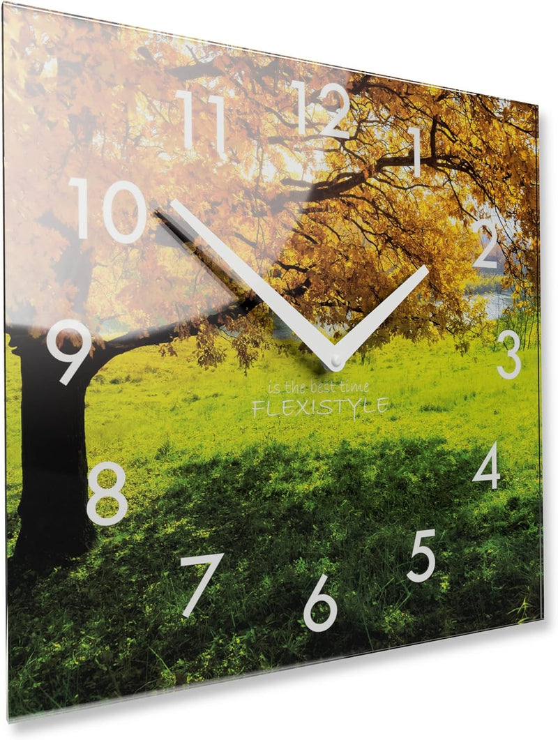 FLEXISTYLE Wanduhr küche Wohnzimmer 30 x 30 cm, aus Glas, mit Direktdruck eckig modern (HERBSTBAUM),