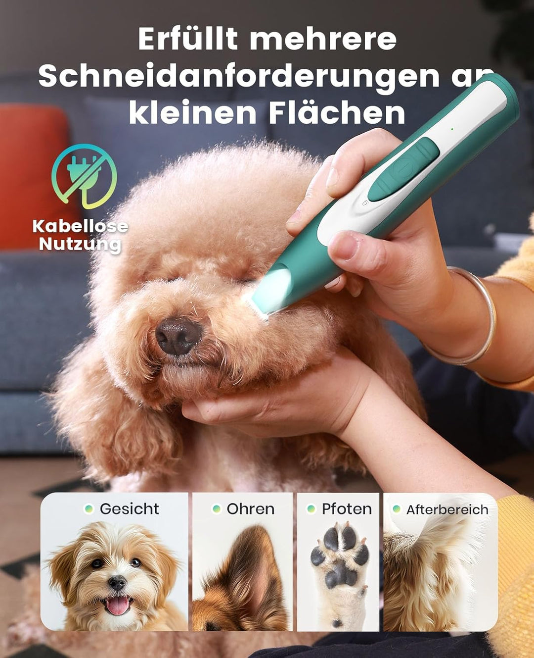 oneisall Pfotentrimmer für Hunde extra leise, Kabeloser Hundepfoten Trimmer mit LED-Licht, Wiederauf