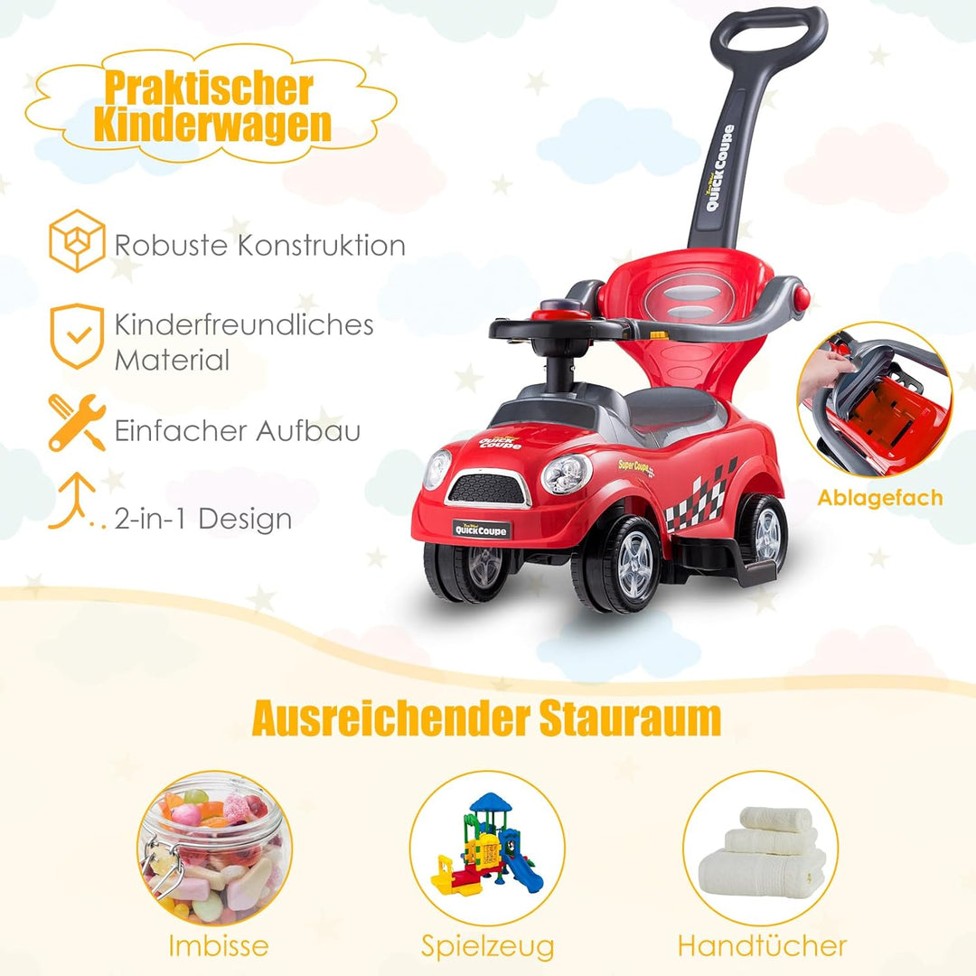 DREAMADE Rutschauto mit Schiebestange, Rutschfahrzeug mit abnehmbarem Sicherheitsbügel & Fussstützen
