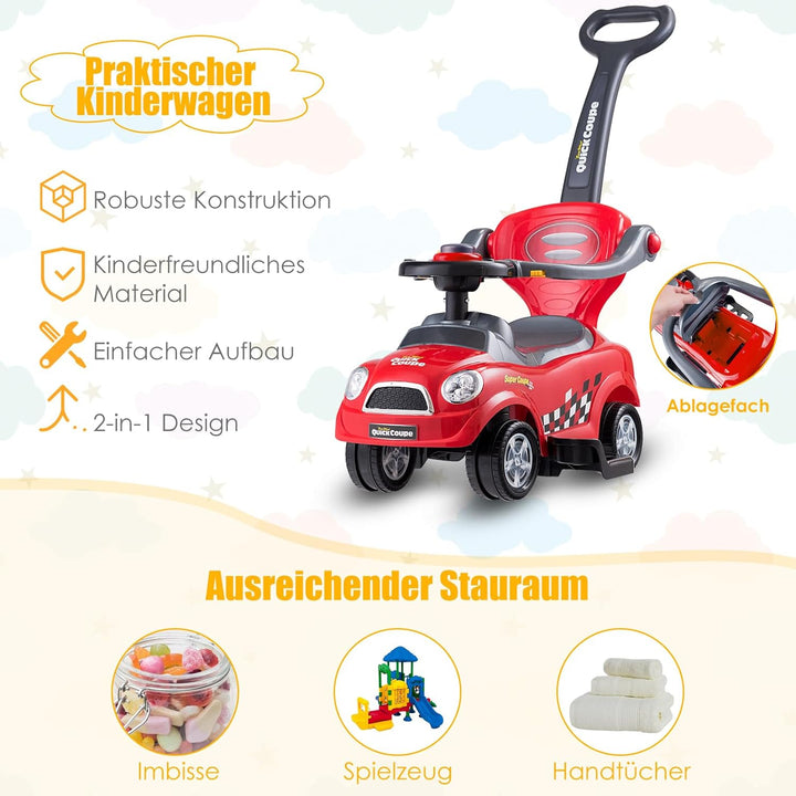 DREAMADE Rutschauto mit Schiebestange, Rutschfahrzeug mit abnehmbarem Sicherheitsbügel & Fussstützen