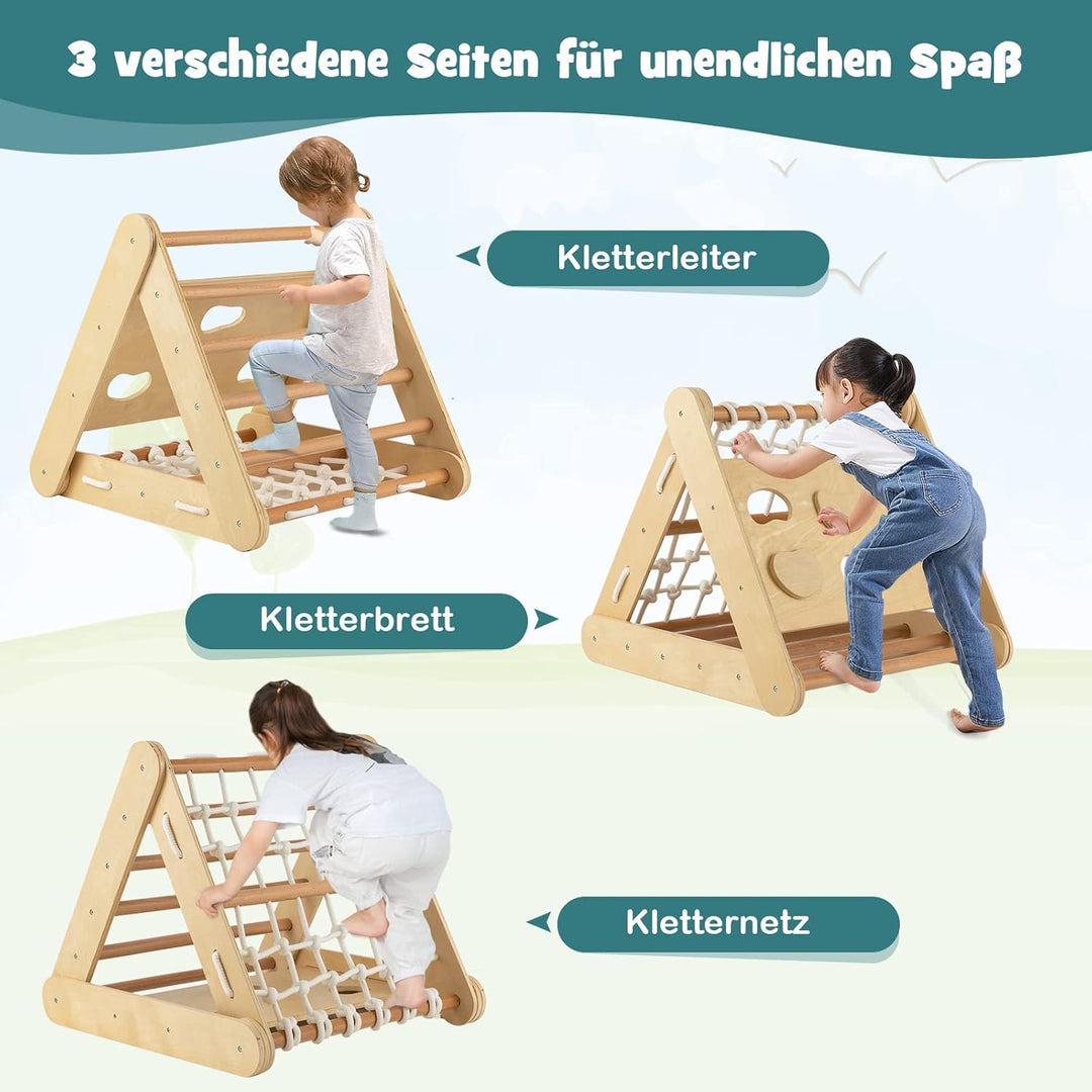 DREAMADE 4 IN 1 Kletterdreieck mit Rutsche und Kletternetz, Holzdreieck Kletterspielzeug aus Holz, I