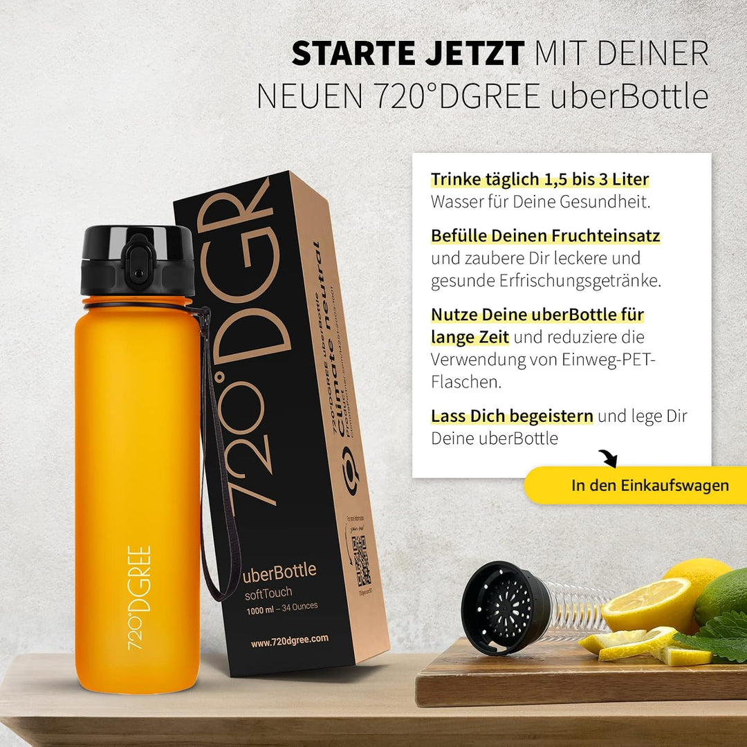 720°DGREE Trinkflasche “uberBottle“ 350ml, 500ml, 650ml, 1l, 1,5 Liter softTouch +Früchtebehälter -