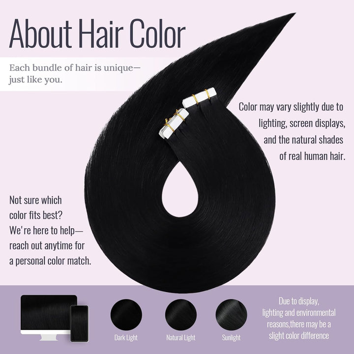 Fshine Extensions Tape in Echthaar 45cm Schwarze Extensions Echthaar Haar 20 Stück Tapes Echthaar Ex