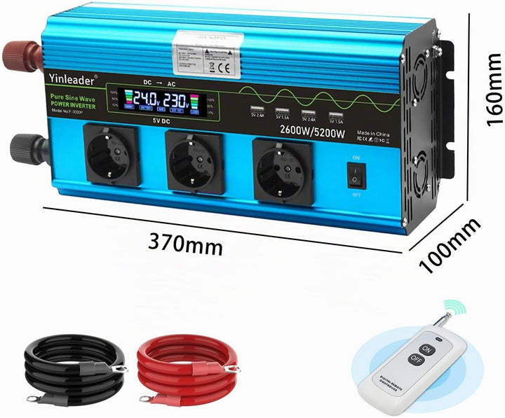 Yinleader 2600W /5200W Wechselrichter 24V auf 230V Reiner Sinus Spannungswandler mit LCD-Display, 3