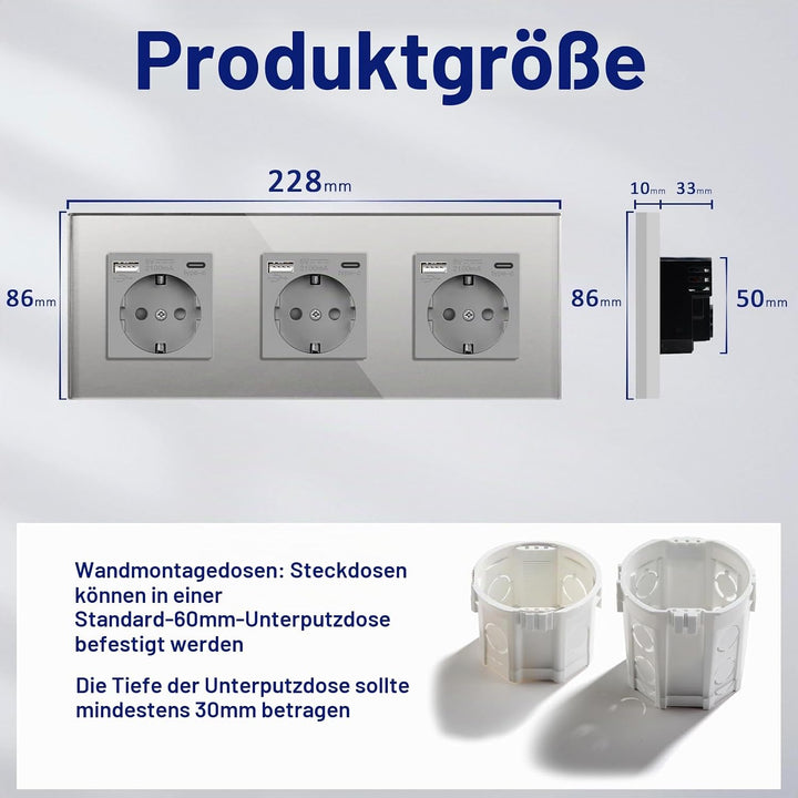 BSEED Triple Schuko Wand Steckdose mit USB &amp; Typ C Glas 3 in 1 Unterputz Steckdosen 3 Weg mit 2.1 A