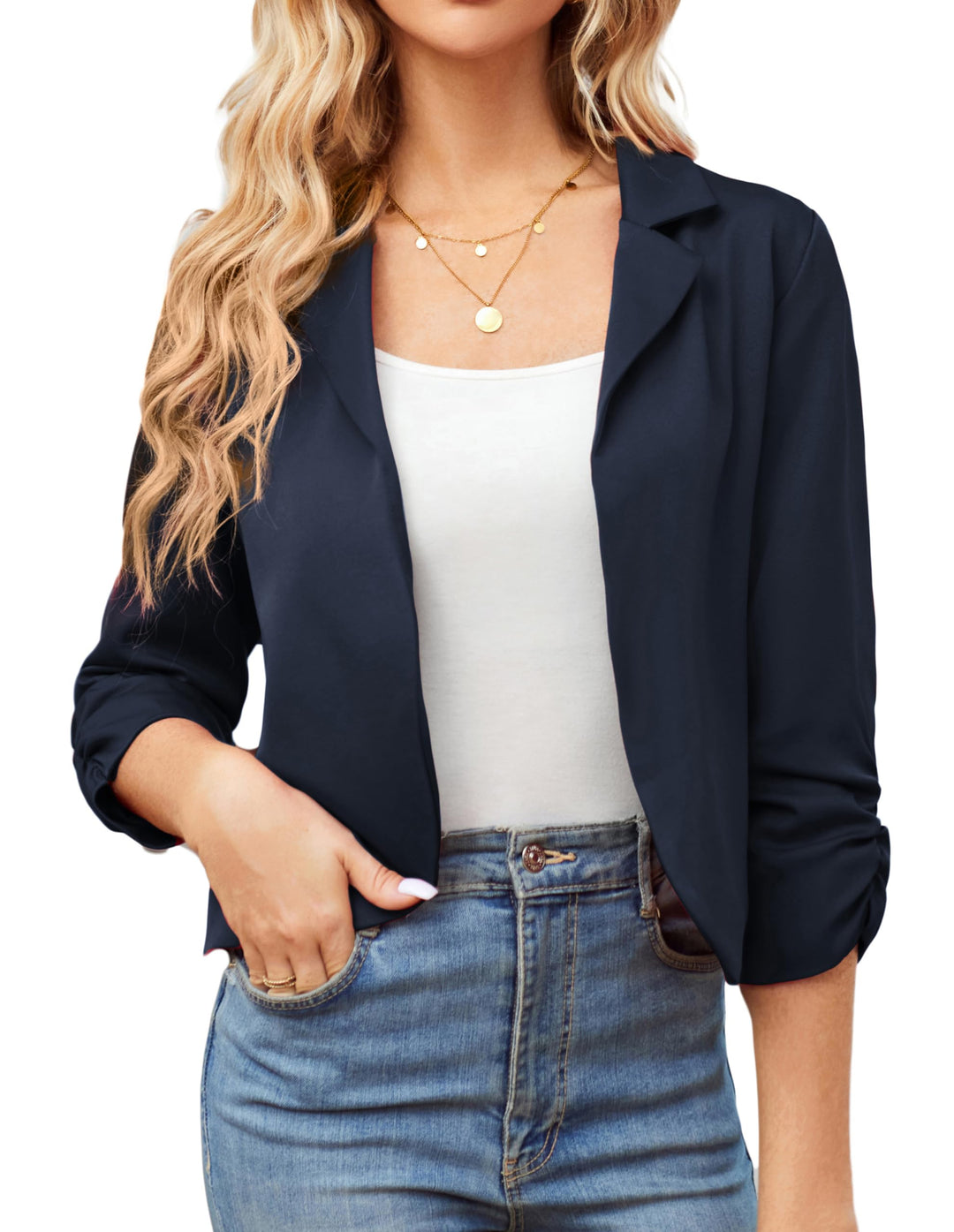 GRACE KARIN Damen Leicht Cropped Blazer Business Blazerjacke Casual Offene Blazer 3/4 Ärmel kurz Arb