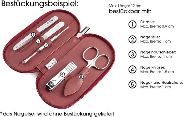 REMOS Nageletui leer aus echtem Leder zum Bestücken mit 5 Instrumenten in Rot/Bordeaux, Rot