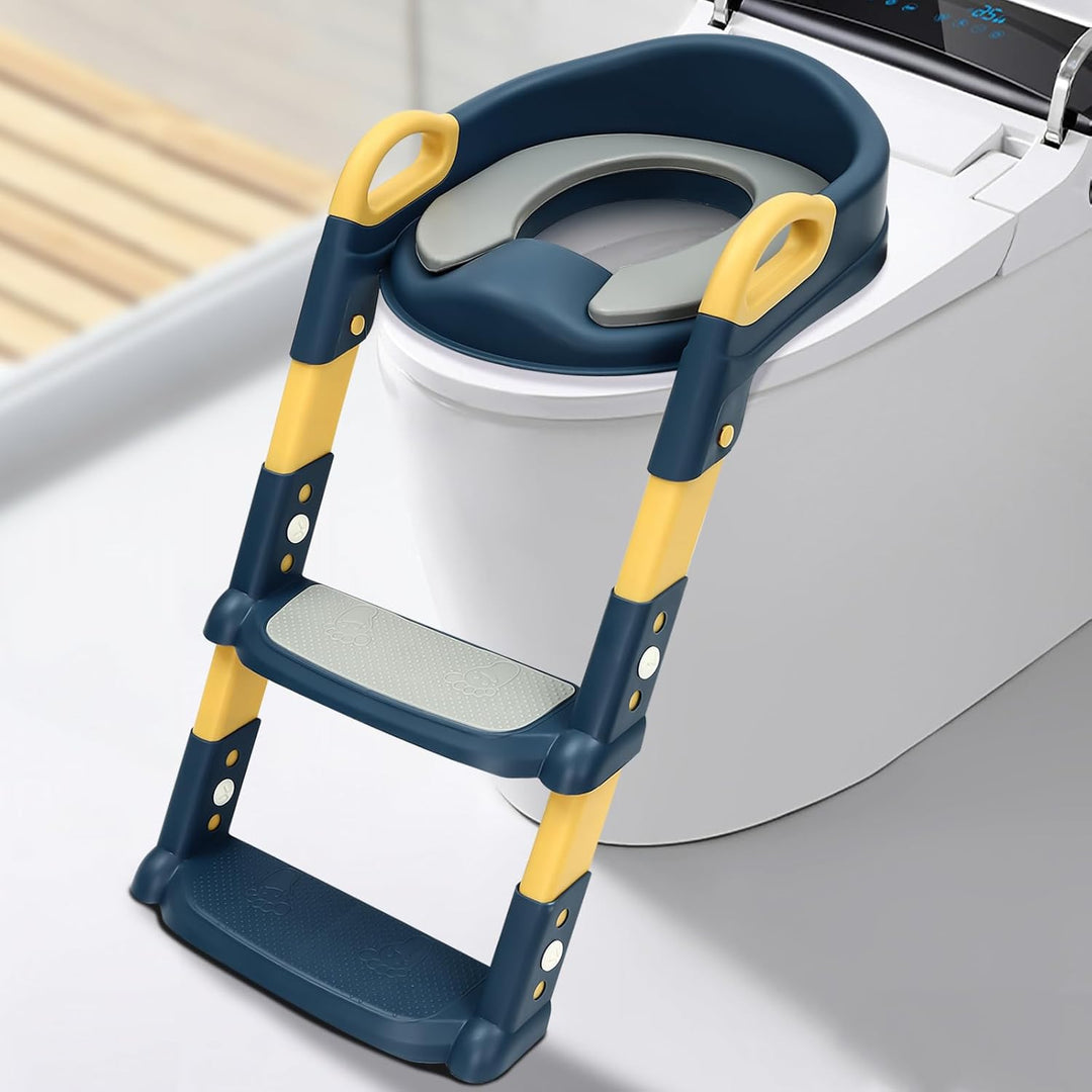 Kinder Toilettensitz mit Treppe abnehmbares PU-Kissen, höhenverstellbar 2–7 Jahre, klappbarer WC Sit