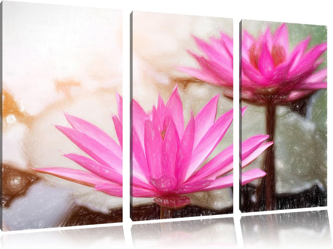 Pixxprint Lilafarbene Wasserlilie Kunst Buntstift Effekt 3-Teiler Leinwandbild 120x80 Bild auf Leinw