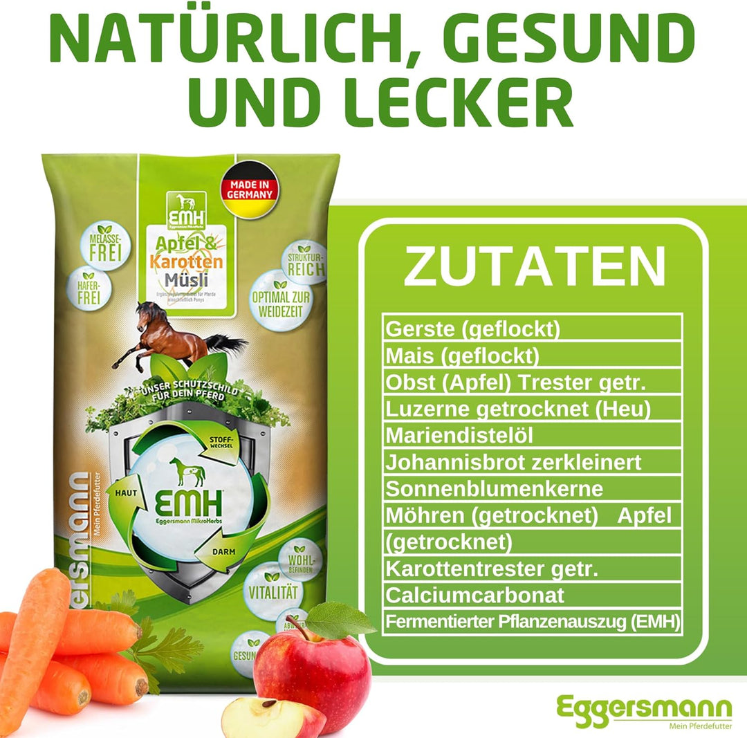 Eggersmann EMH Apfel & Karotten Müsli 15kg - Natürliches Kraftfutter für Pferde - Eiweissreduziertes