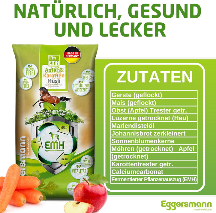 Eggersmann EMH Apfel & Karotten Müsli 15kg - Natürliches Kraftfutter für Pferde - Eiweissreduziertes