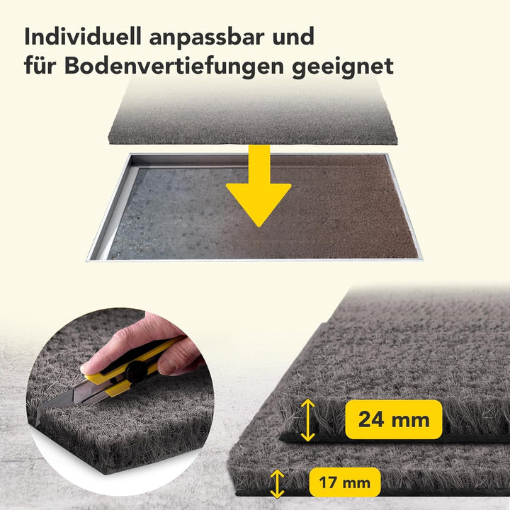 Floordirekt Fussmatte für Innen und Aussen, 80x100 cm Grau, Türmatte aus Kokos, Schmutzfangmatte für