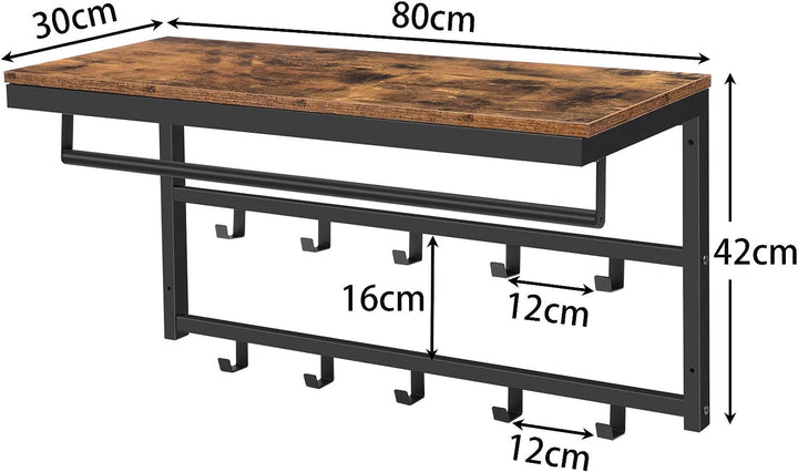 HOOBRO Wandgarderobe mit Ablage, Wandregal mit 10 Haken und Stangen, Wandmontiertes Hängeregal, 80 x