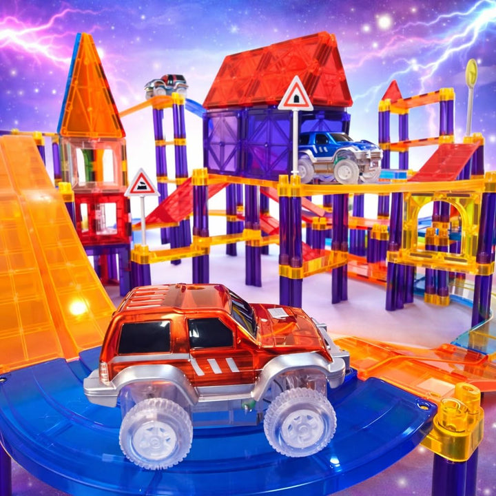 Wonder Toys 122 Stück Rennauto-Bausteine - Lernspielzeug - Magnetfliesen - Spielset 2 LKW - Lernbaus