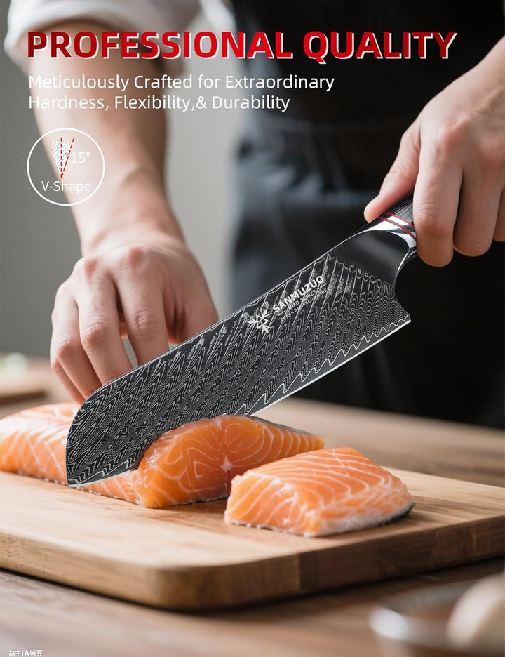 Japanisches 18 cm Santokumesser – Kochmesser – Schwarzer Damaststahl mit ergonomischem Griff – Miao