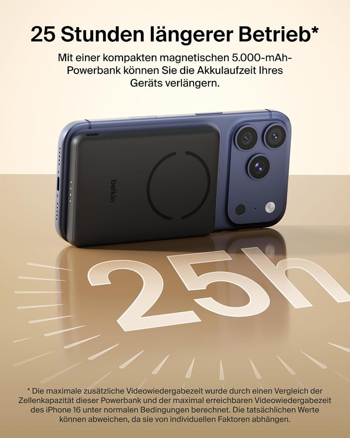 Belkin BoostCharge 5000mAh Magnetische Power Bank mit Magnetring – Schwarz | 5K Powerbank Kabellos,