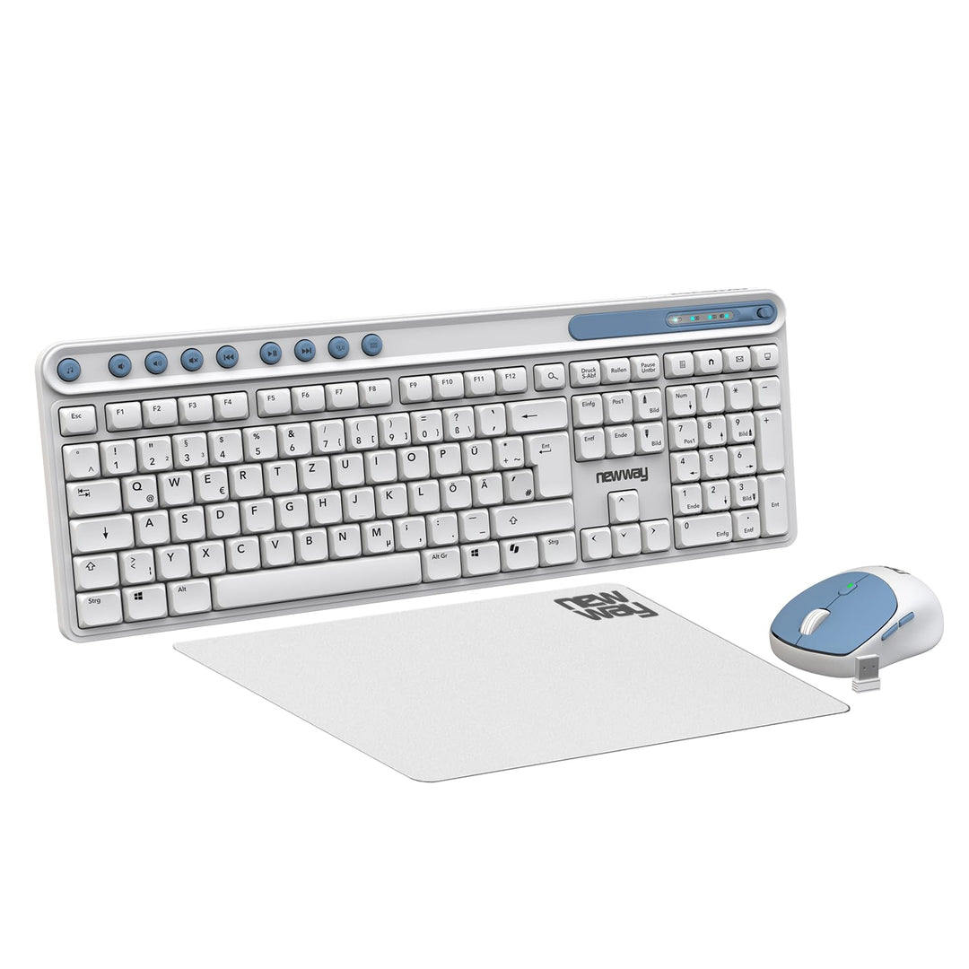 NEWWAY NKMP252 – Kabellose Tastatur Maus Set 2,4 GHz – QWERTZ Deutsch – Leise Tasten, 14 Multimedia-