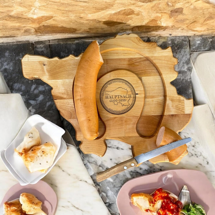 Saarlandbrett als Frühstücksbrettchen aus Holz, Legendärer Lyoner Style, für Saarländer, Lusitge Ges
