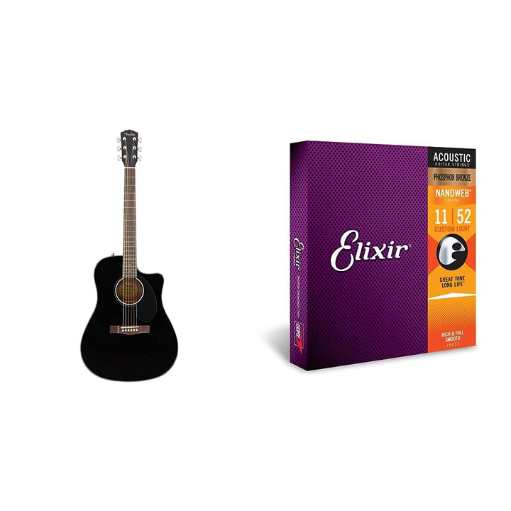Fender CD-60SCE Dreadnought Akustikgitarre, Walnussgriffbrett, Schwarz & Elixir 16027 Saiten Phospho