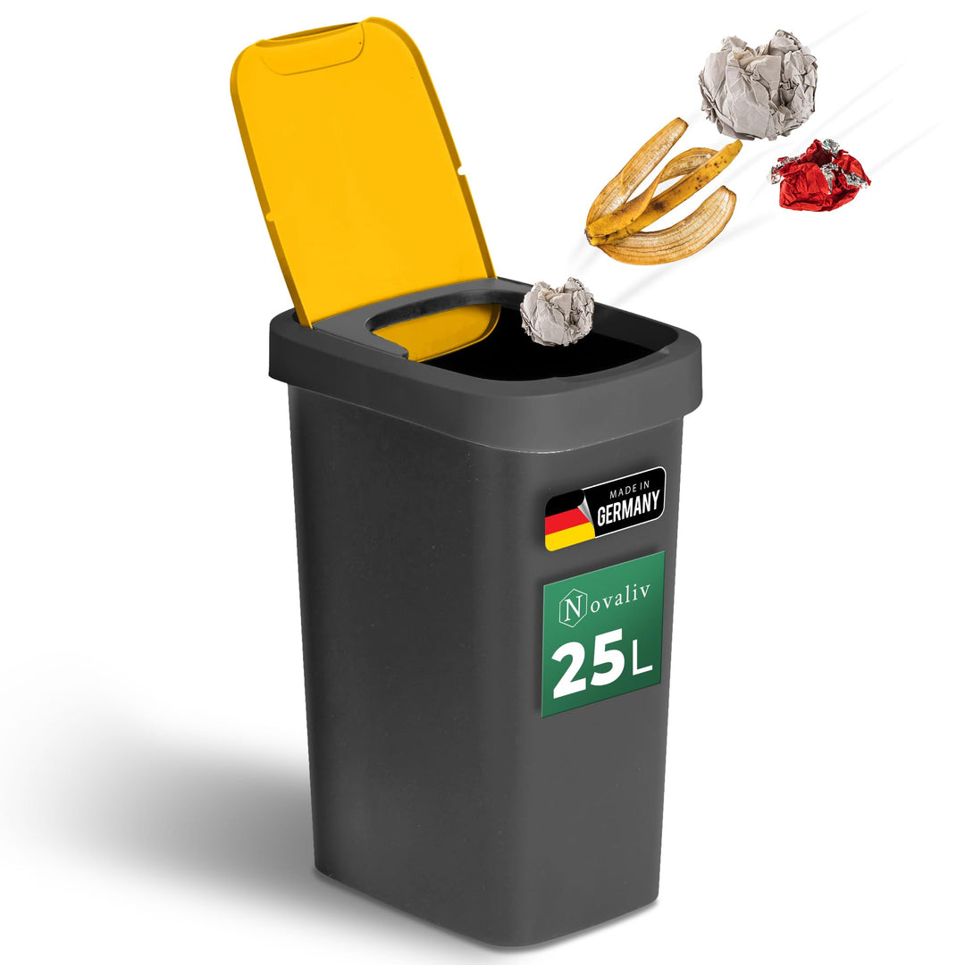 Novaliv Mülleimer 25L mit Schwingdeckel Gelb, Mülltrennung Abfalleimer für Gelben Sack &amp; Verpackung,