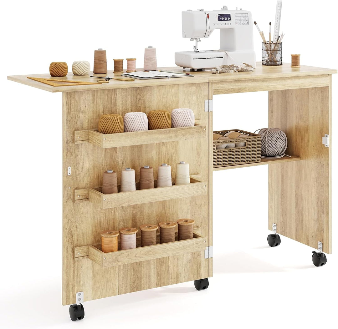 GIANTEX Nähtisch klappbar, Nähmaschinentisch auf Rollen, Nähtisch für Nähmaschine, Nähschrank Holz,