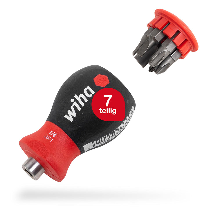 Wiha Schraubendreher Stubby mit Bit Magazin magnetisch (33736) I Schlitz, Kreuz I mit 6 Bits, 1/4" S