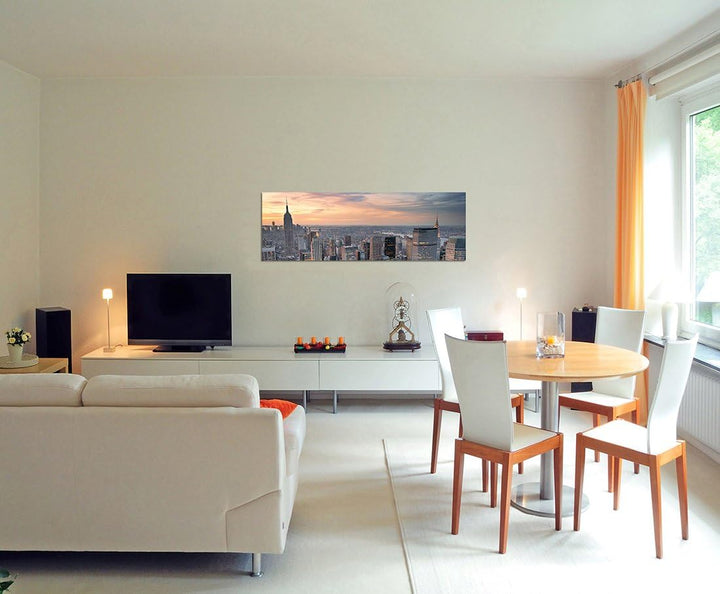 Paul Sinus Art Panoramabild auf Leinwand und Keilrahmen 150x50cm New York Manhattan Skyline Sonnenun